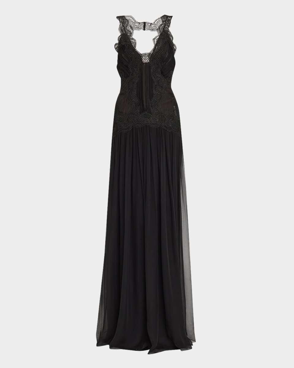 Lace Drop-Waist Organic Chiffon Backless Gown